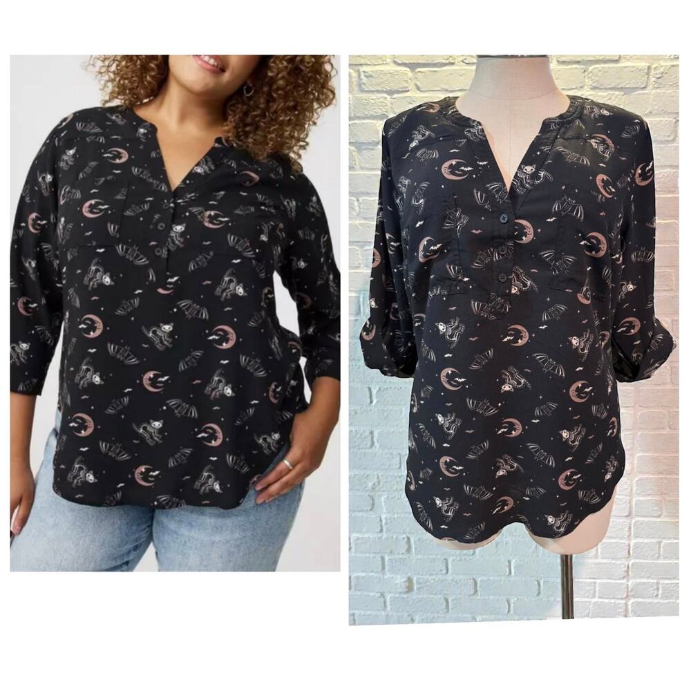 Torrid 4 (4X 26) Spooky Cats & Bats Moon Stars Challis Harper Blouse Shirt New